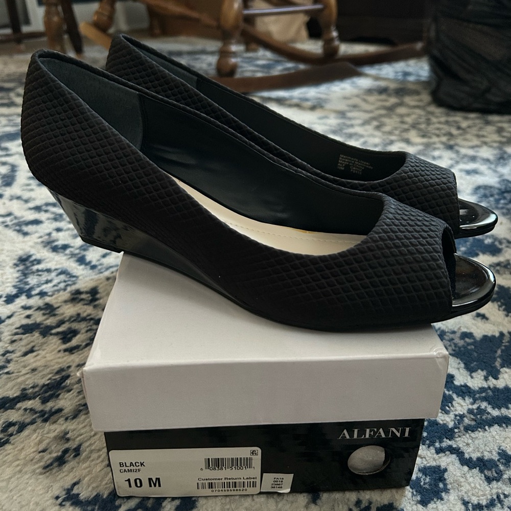Alfani Black Textured Peep Toe Wedges